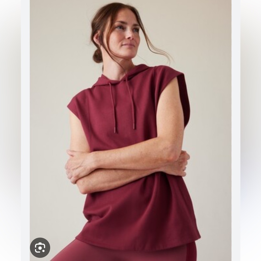 Athleta-S-burgundy red-sundown pull over, sleeveless,hooded, sweatshirt,hoodie.
